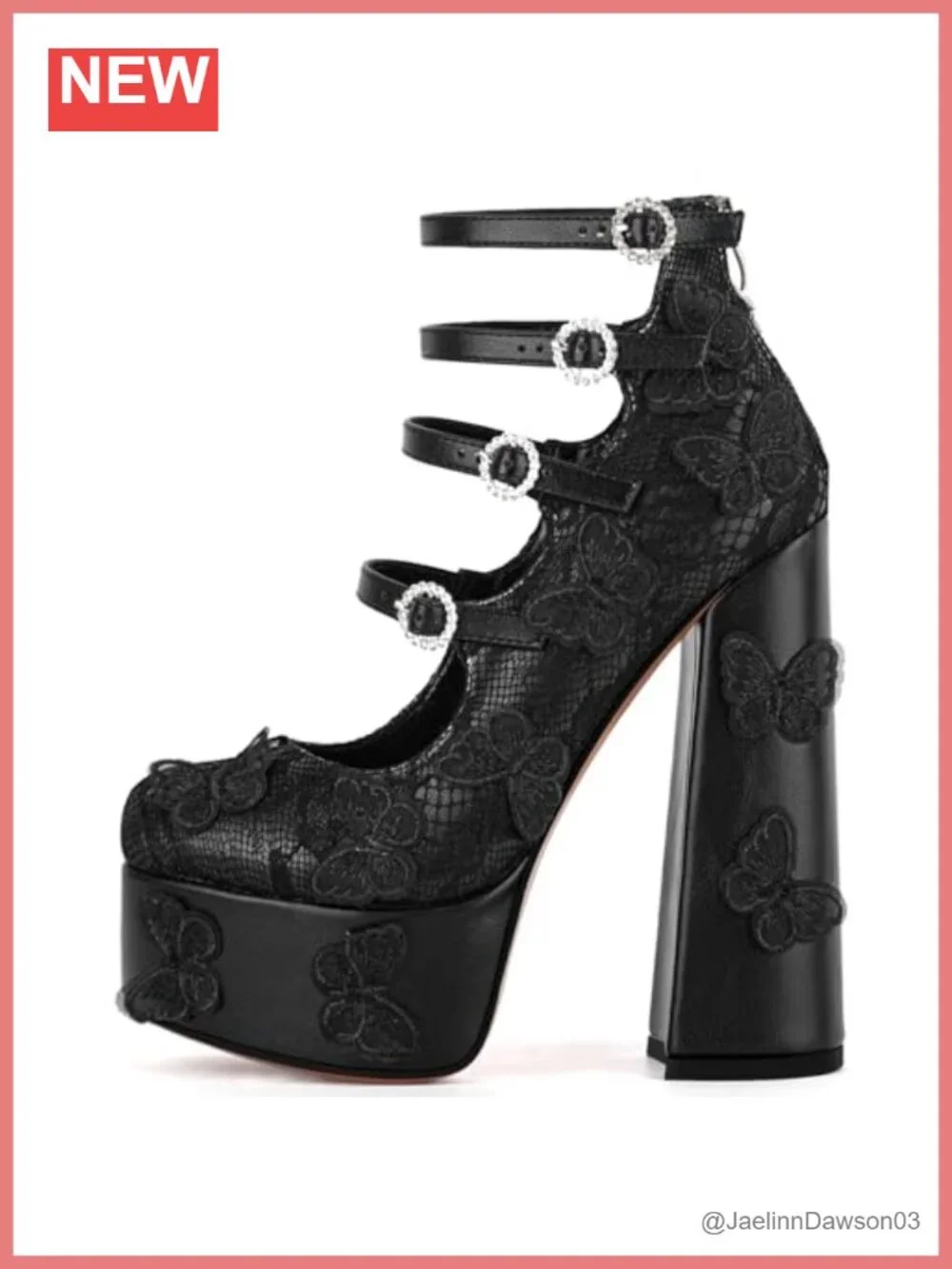 Women's Platform Chunky Heels Lace Butterfly Square Toe Mary-Jane Pumps